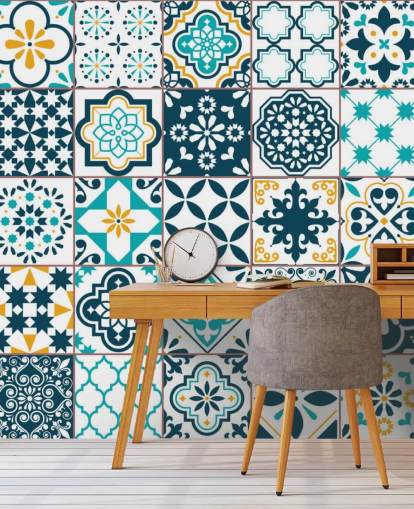 papel tapiz de azulejos de patrón azul y mostaza