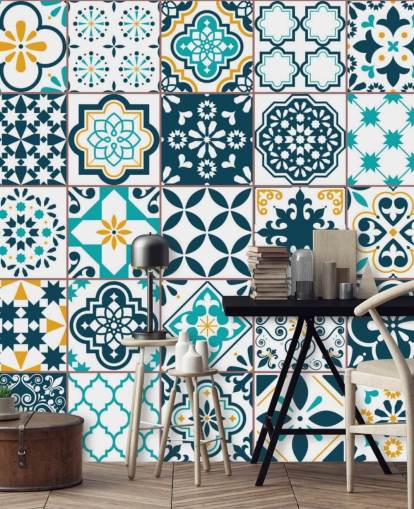 papel tapiz de azulejos de patrón azul y mostaza