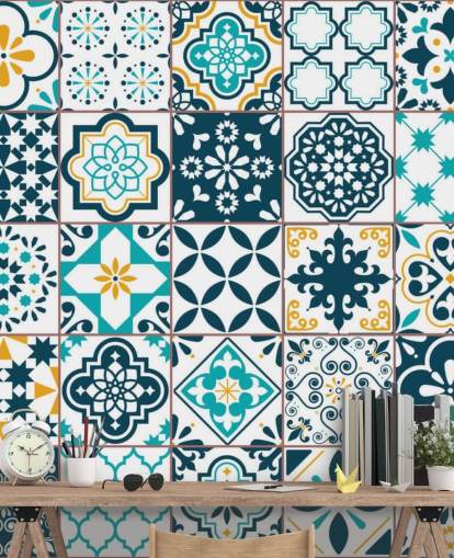 blue and mustard pattern tiles wallpaper