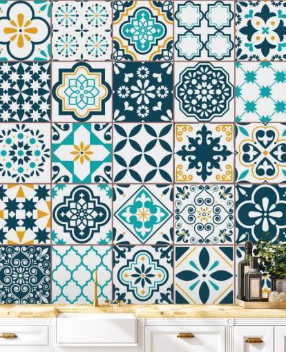 blue and mustard pattern tiles wallpaper