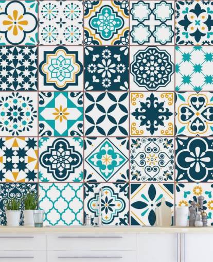 papel tapiz de azulejos de patrón azul y mostaza