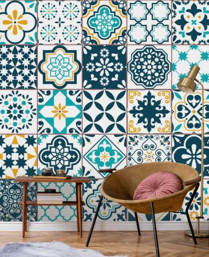 papel tapiz de azulejos de patrón azul y mostaza papel tapiz de azulejos de patrón azul y mostaza