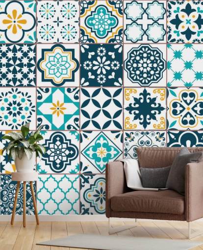 papel tapiz de azulejos de patrón azul y mostaza papel tapiz de azulejos de patrón azul y mostaza