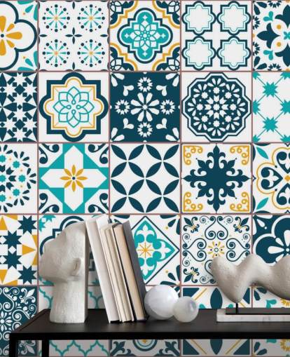 blue and mustard pattern tiles wallpaper