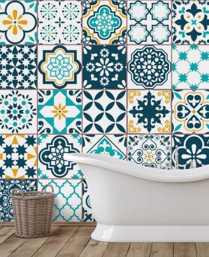 blue and mustard pattern tiles wallpaper