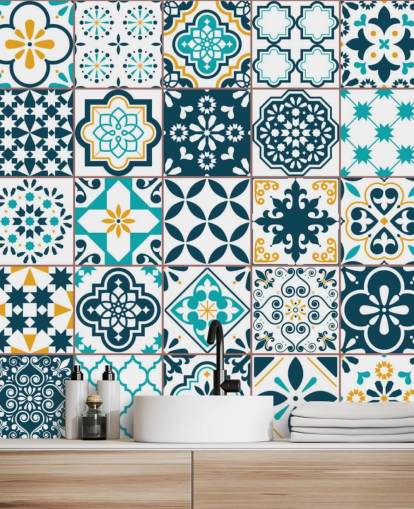 blue and mustard pattern tiles wallpaper