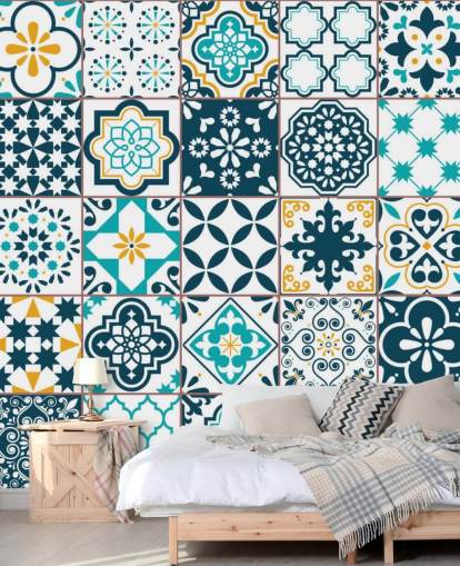 blue and mustard pattern tiles wallpaper