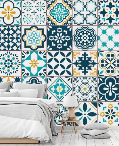 papel tapiz de azulejos de patrón azul y mostaza