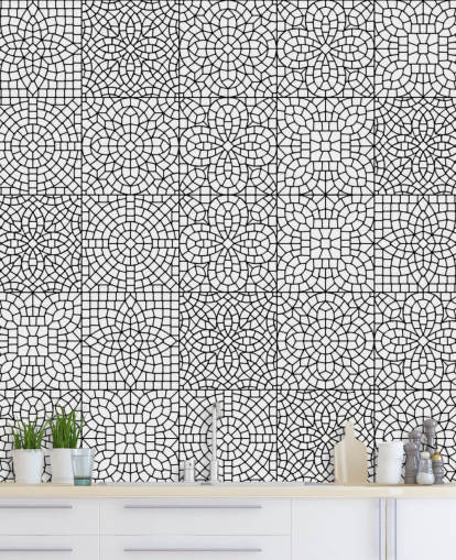 Svart og hvitt mosaikkfliser veggmaleri