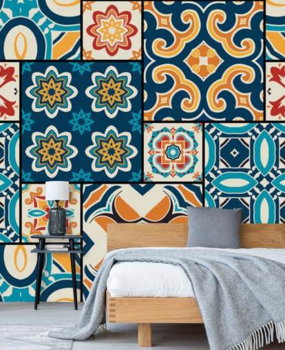 Papel pintado Azulejos naranjas y azules Papel pintado Azulejos naranjas y azules