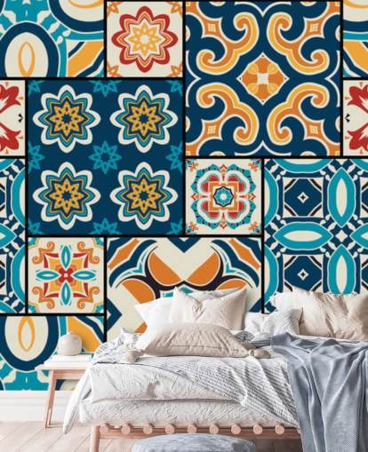 Papel de Parede Azulejos Laranja e Azul Papel de Parede Azulejos Laranja e Azul