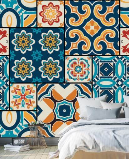 Papel pintado Azulejos naranjas y azules Papel pintado Azulejos naranjas y azules
