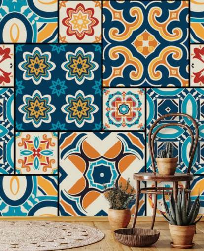 Papel pintado Azulejos naranjas y azules