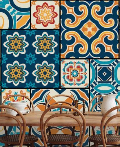 Papel pintado Azulejos naranjas y azules