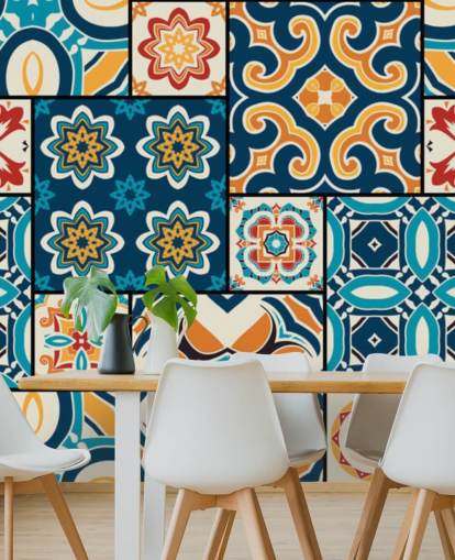 Papel pintado Azulejos naranjas y azules