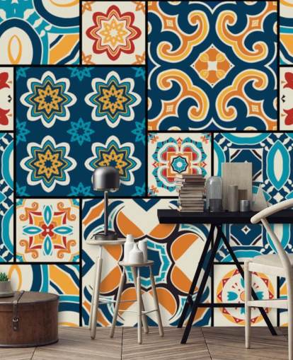 Papel pintado Azulejos naranjas y azules Papel pintado Azulejos naranjas y azules