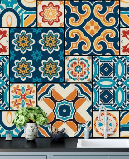 Papel de Parede Azulejos Laranja e Azul