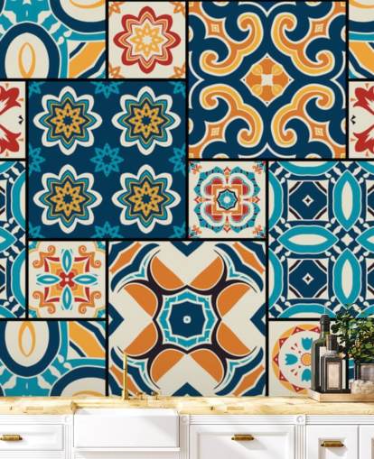 Papel de Parede Azulejos Laranja e Azul Papel de Parede Azulejos Laranja e Azul