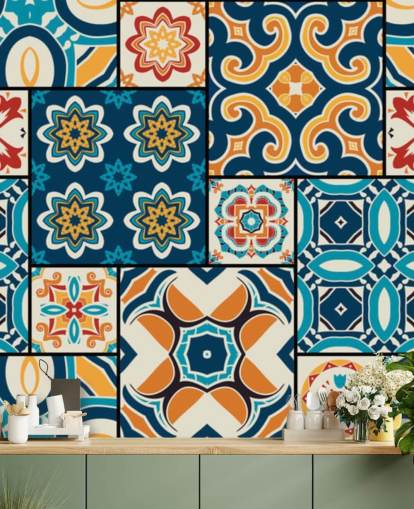 Papel de Parede Azulejos Laranja e Azul Papel de Parede Azulejos Laranja e Azul