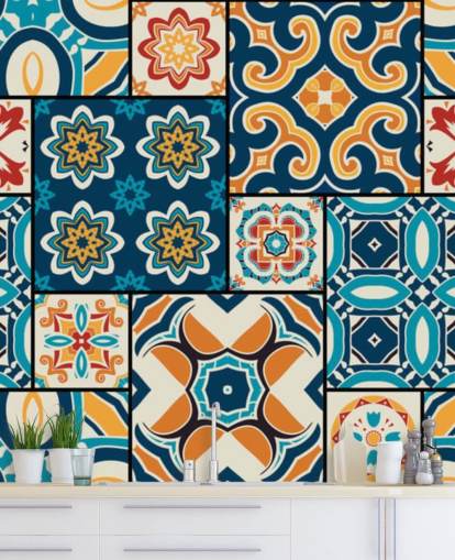 Papel de Parede Azulejos Laranja e Azul