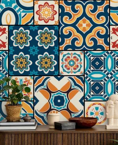 Papel pintado Azulejos naranjas y azules