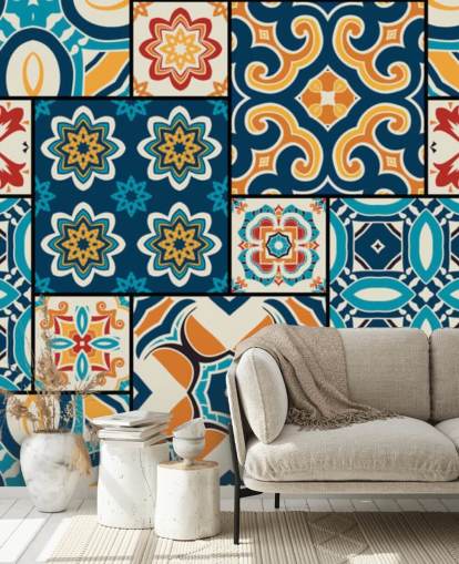 Papel pintado Azulejos naranjas y azules