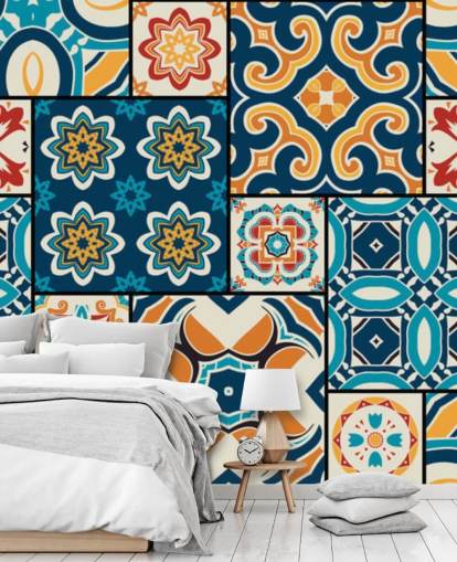 Papel pintado Azulejos naranjas y azules