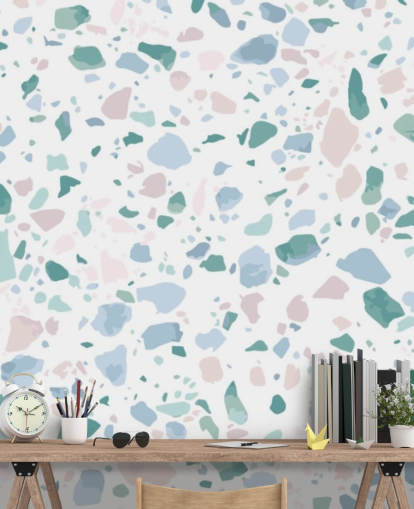 pastel grøn, blå og pink terrazzo tapet
