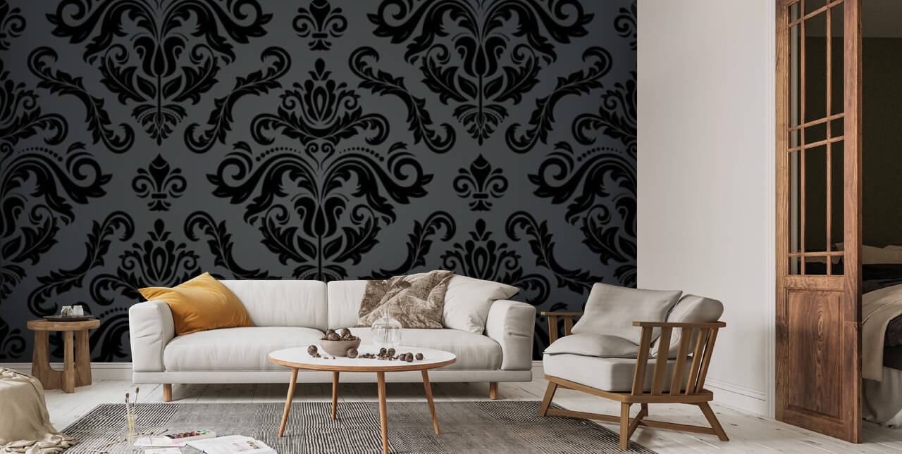 Black And White Damask Wallpaper In Room