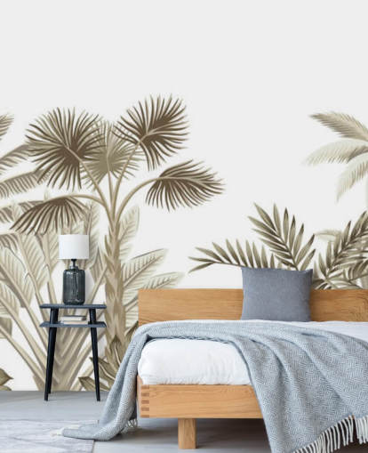 mural de pared muy sutil marrón ilustrado jungla sobre fondo blanco