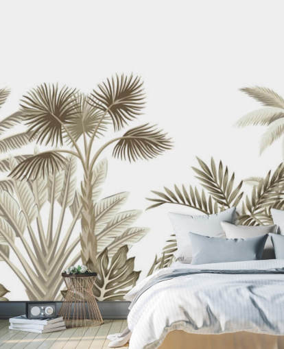 Decorazione murale con giungla illustrata marrone su sfondo bianco