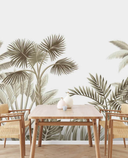 very subtle brown illustrated jungle on white background wall mural