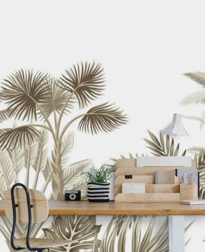 very subtle brown illustrated jungle on white background wall mural