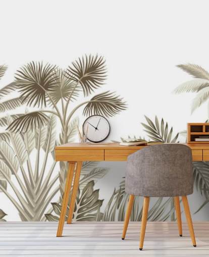 mural de pared muy sutil marrón ilustrado jungla sobre fondo blanco