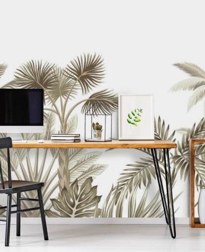 very subtle brown illustrated jungle on white background wall mural