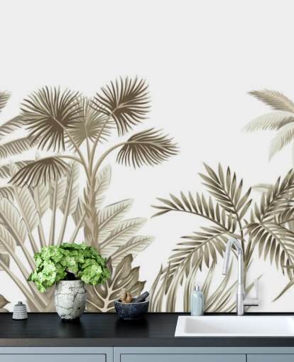 mural de pared muy sutil marrón ilustrado jungla sobre fondo blanco