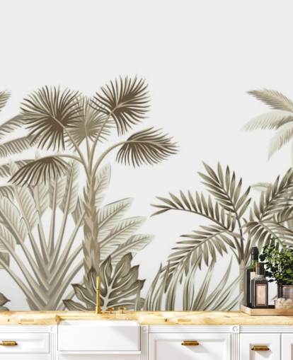 very subtle brown illustrated jungle on white background wall mural