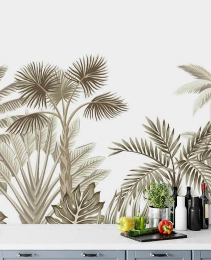 very subtle brown illustrated jungle on white background wall mural