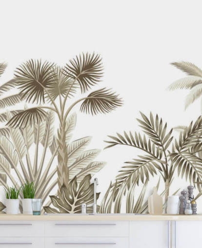 mural de pared muy sutil marrón ilustrado jungla sobre fondo blanco