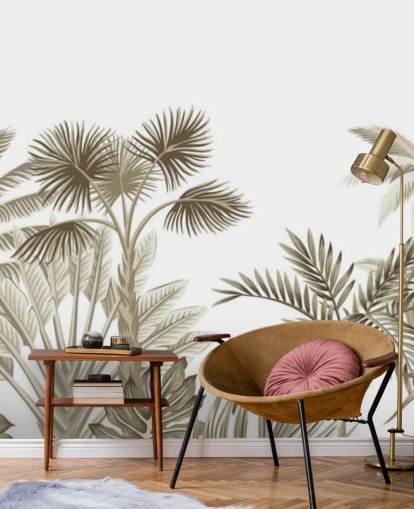 mural de pared muy sutil marrón ilustrado jungla sobre fondo blanco