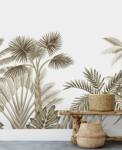 Decorazione murale con giungla illustrata marrone su sfondo bianco