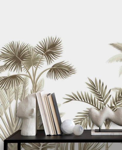 very subtle brown illustrated jungle on white background wall mural
