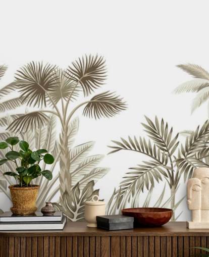 mural de pared muy sutil marrón ilustrado jungla sobre fondo blanco