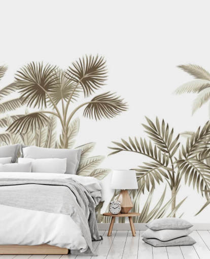 very subtle brown illustrated jungle on white background wall mural