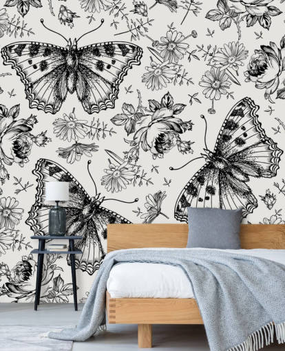 zwart-wit vlinders behang
