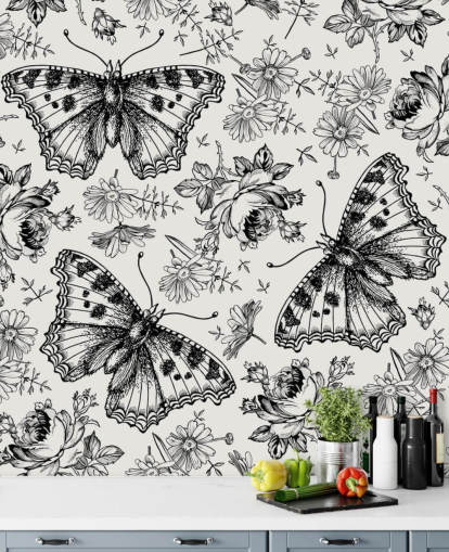 zwart-wit vlinders behang