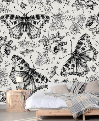 zwart-wit vlinders behang