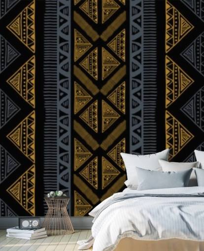 dark blue and ochre tribal pattern wallpaper