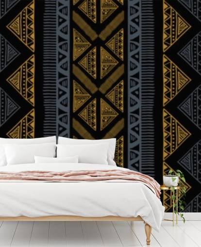 dark blue and ochre tribal pattern wallpaper