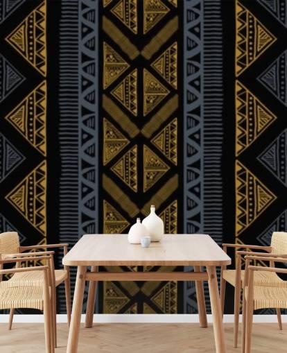 papel pintado estampado tribal azul oscuro y ocre
